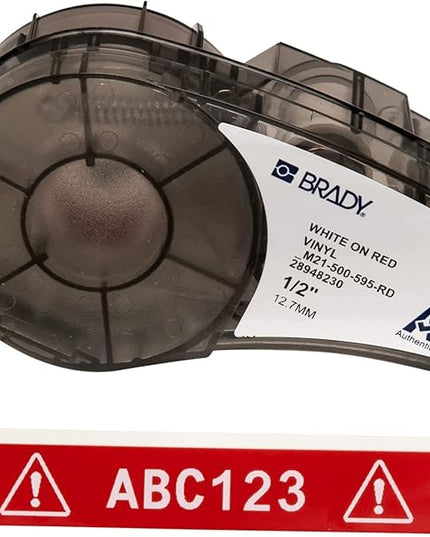 Brady Authentic (M21-500-595-RD) All-Weather Vinyl Label for Indoor/Outdoor ID, Lab and Equipment Labeling, White on Red- For M210, M210-LAB, M211, BMP21-PLUS and BMP21-LAB Printers, .5" W, 21' L