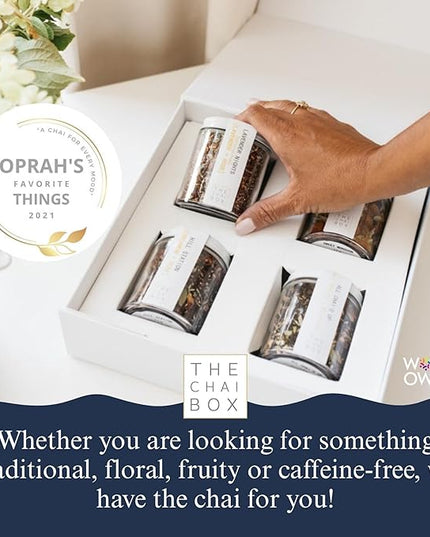 The Chai Box Ultimate Tea Lover's Gift Set - Featured in Oprah's Favorite Things | Caffeinated and Caffeine Free Loose-Leaf Tea Gift Box (Pack of 4) 10 oz | Small Batch Assorted Tea Sampler with Whole, Premium Spices