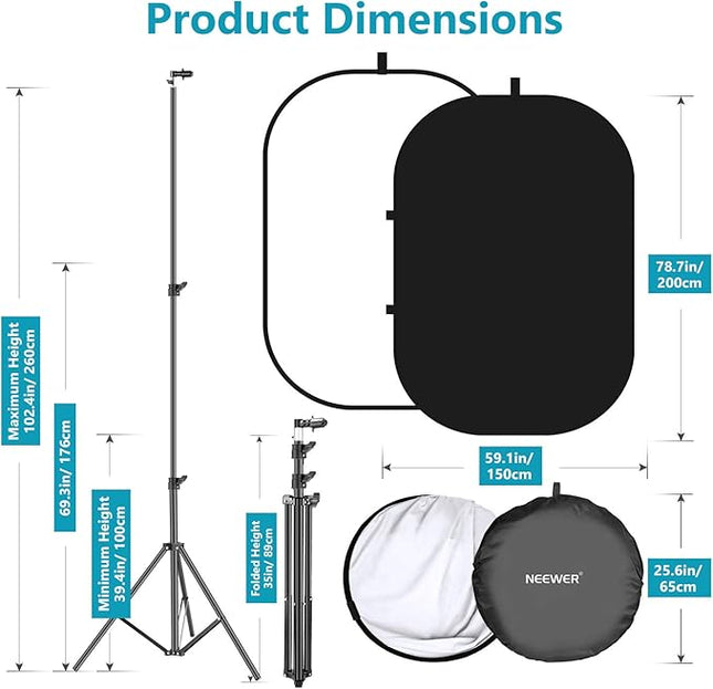 Neewer 5x7ft/1.5x2m Chromakey Foldable Backdrop with Stand 8.5ft/2.6m, 2-in-1 Reversible Black White Green Background Panel for Photography Studio, Live Streaming, Video Calls, Games