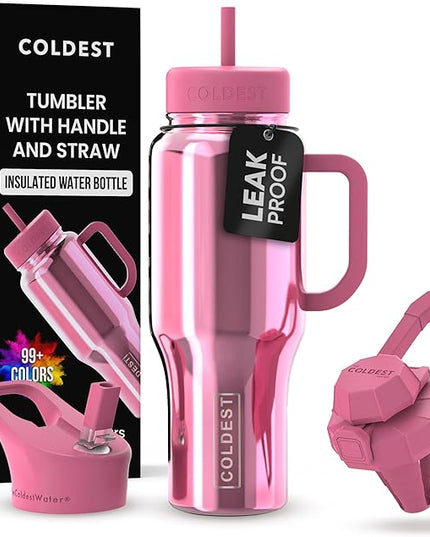 Coldest Tumbler with Handle and Straw - 100% Spill Proof Tumbler with Straw (3 Lids) - Stainless Steel Insulated Leakproof Tumblers for Women & Men - 36 oz (Pink Reflections)