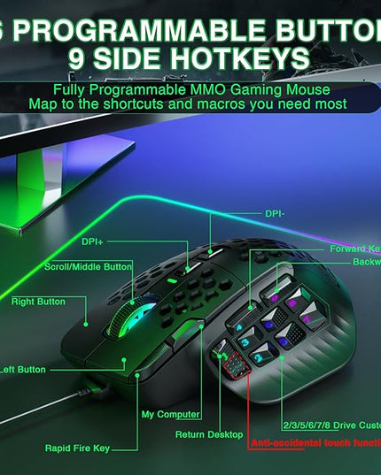 SOLAKAKA SM809 Gaming Mouse for MMO,24000 DPI,16 Programmable,RGB PC Gaming Mice,Black