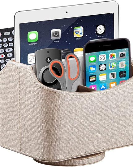 Arniche PU Leather Remote Control Holder,360 Degree Spinning Desk TV Remote Caddy,Desk Organizers and Accessories,for Controller,Media,Mail,Calculator,Mobile Phone,Pen Storage Holder(Beige)