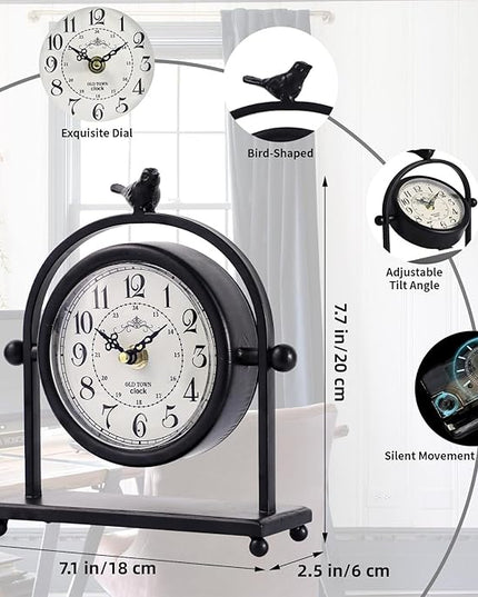 MODE HOME Silent Battery Operated Black Metal Analog Desk Clock with Bird, Small Table Clock for Farmhouse Decor, Mantel Shelf, Home and Living Room