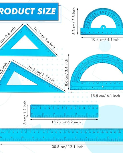 Tenare 6 Pcs Plastic Ruler Math Set Includes 12 Inch 6 Inch Straight Protractor Triangle Geometry Transparent Math Ruler Measuring Tools for School Office Home(Blue)