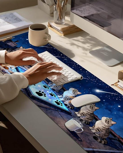 XL Mouse Pad Gaming Mousepad 31.5 x 11.8 Inch Large Keyboard Desktop Mat Diatomite Mouse Pad for Home and Office Desk Accessories with Rooftop Starry Sky Cat Artwork