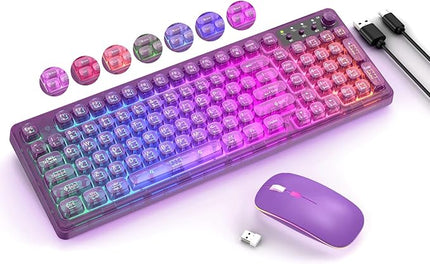 Purple Light Up Keyboard and Mouse Wireless,Cute 2.4Ghz Cordless Rechargeable Transparent Backlit Keyboard,15 Backlight Effects,Volume Knob,RGB Mouse with 3 DPI for Mac Computer PC Laptop Desktop iPad