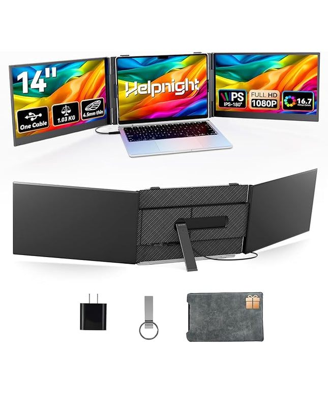 14" Laptop Triple Screen Extender Portable, One Cable Connection Laptop Monitor FHD 1080P IPS, Ultra Thin Dual Monitor for 13-17" Laptops, Plug & Play Compatiable with Win/Mac/Chrome/Android/Switch