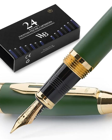 Wordsworth & Black Majesti Fountain Pen-(Green), Luxury Case, 24K Gold Finish; 18K Gilded Medium Nib- Ink Cartridges, Refillable Ink Converter-Calligraphy Pen-Best Business Gift Set for Men & Women