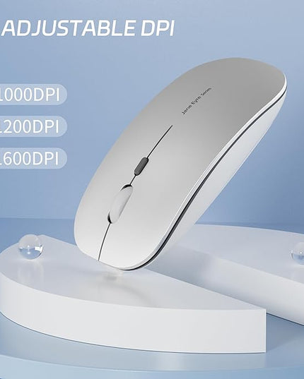 Q5 Slim Rechargeable Wireless Mouse, 2.4G Portable Optical Silent Ultra Thin Wireless Computer Mouse with USB Receiver and Type C Adapter, Compatible with PC, Laptop, Notebook, Desktop (Silver)