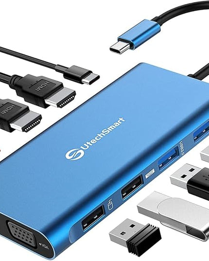 UtechSmart 11 in 1 Docking Station, Triple Monitors USBC Laptop Docking Station with 2 HDMI, VGA, PD3.0, SD TF Card Slot, 4 USB Ports USB-C Adapter Compatible for MacBook & Windows(Blue)