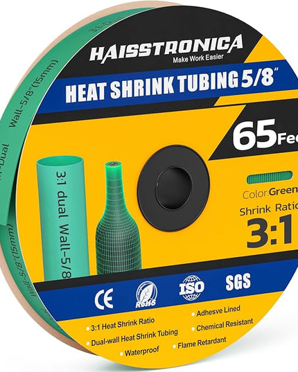 haisstronica 3:1 Heat Shrink Tubing, Shrink Ratio Adhesive Lined Marine Grade Heat Shrink Tube for Home, Automotive and Industrial (Green) 65FT 5/8inch