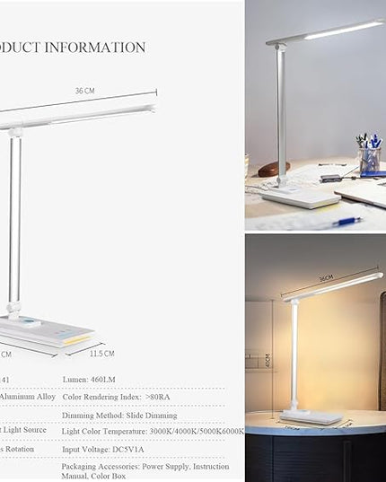 TECHNOVA LED Desk Lamp with 5 Color Temperatures | Sliding Stepless Dimming & One-Touch Timer | Foldable & Portable Design for Office/Study/Nail Art | USB Charging & Four-Axis Rotation for Small Desks