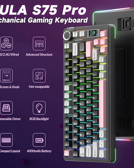 AULA S75 PRO Wireless Mechanical Keyboard with Screen&Knob, 75% Hot Swappable Gaming Keyboard with Pre-lubed Switches, RGB Backlit, PBT Keycaps Creamy Sounding Pc Gaming Keyboards