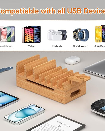 Pezin & Hulin Bamboo Charging Station with Watch Stand, Docking Holder for Multi Device with 5 Charge Cables, Desktop Dock Stations Electronic Organizer for Cellphone, Tablet, Watch-Natural Bamboo