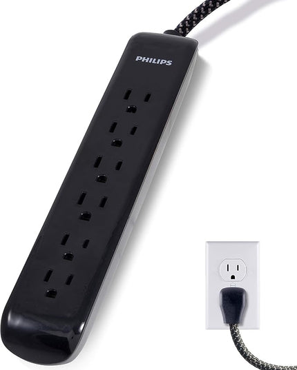 Philips 6 Outlet Surge Protector Power Strip, Designer Braided Power Cord, 4 Ft Power Cord, Flat Plug Extension Cord, Perfect for Office or Home Decor, 720 Joules, ETL Listed, Black, SPC3064BD/37