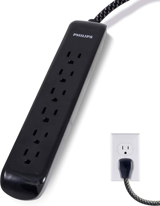 Philips 6 Outlet Surge Protector Power Strip, Designer Braided Power Cord, 10 Ft Power Cord, Flat Plug Extension Cord, Perfect for Office or Home Décor, 1080 Joules, ETL Listed, Black, SPC3064BG/37