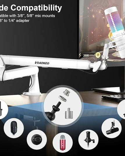 Microphone Arm,Aokeo AK-55 Desk Low Profile Adjustable Mic Boom Arm Stand,Suitable For Blue Yeti,Snowball iCE, HyperX QuadCast,SoloCast,Elgato Wave,Etc