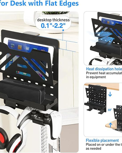 MAXECHO Desk Side Storage Holder, Metal Pegboard, Above or Under Desk Laptop Mount, Table Side Hanging File Organizer, Clamp On Cable Management Tray, Peg Board for Gaming, Office