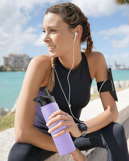 DOMICARE Insulated Water Bottle, 22 oz Vacuum Insulated Stainless Steel Reusable Sports Bottle with Straw Lid & Spout Lid for Travel, Camping, Bike, Leakproof, Purple, 1 Pack