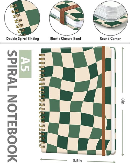Spiral Journal Notebook for Women, Hardcover A5 College Ruled Notebook, 60 Sheet, Thick Paper, Cute Lined Journal for School, Office & Work, 6 x 8.4 in(Green Checkered)