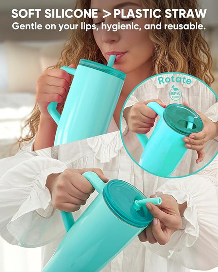 KISSKIND 40 oz Lumispin Tumbler with Handle and Hidden Straw, 100% Leak Proof Water Cup with Handle, Insulated Water Bottle for Travel, Mom, Nurse, Teacher, Student, Frosted Mint