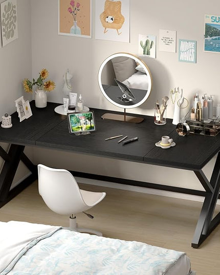 LVB 70.8" Black Computer Desk, Large Industrial Pc Study Home Office Desk, Long Modern Wood Gaming Work Writing Desk for 2 Person, Farmhouse Double Workstation Executive Desk with Storage in Bedroom