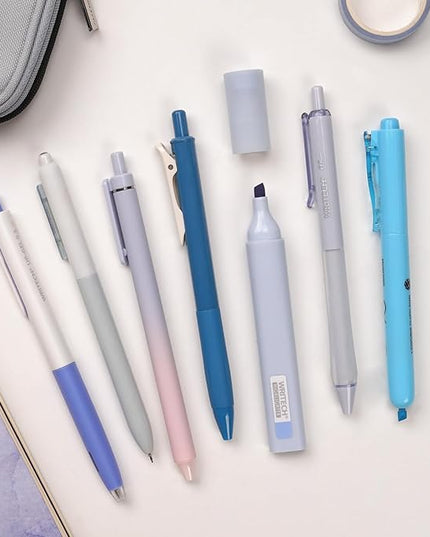 WRITECH Gel Pens Journaling Highlighters: Journal Set Aesthetic Assorted Pastel Color Ink 0.5mm Fine Point Retractable 0.7mm Black Pen Smooth Writing Drawing No Bleed 7ct (Blue)