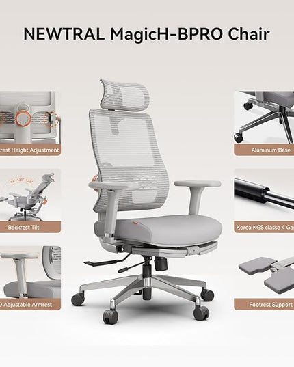 Newtral Best Ergonomic Office Chair with Adaptive Lumbar Support, Laptop Tray, Home Office Desk Chair with 4D Armrest & 5D Headrest, High Back Swivel Desk Computer Chair with Footrest