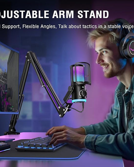 FIFINE USB Streaming Microphone Kit for Gaming, Condenser Mic with RGB, Noise Cancellation, Game/Chat Dial-Plug & Play for PC Twitch/YouTube/Podcast, Includes Boom Arm & Pop Filter-AmpliGame AM6T