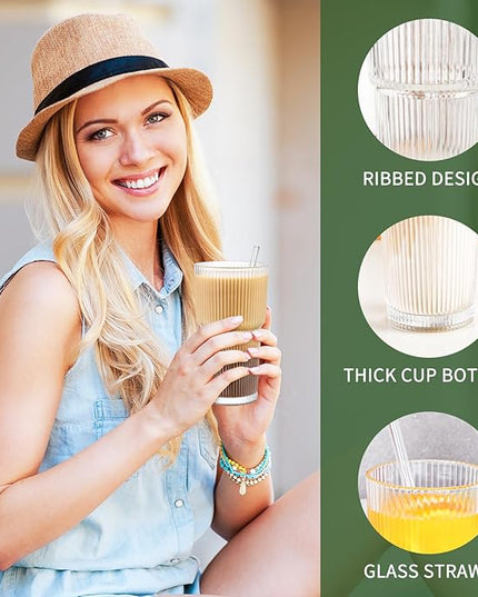 20 oz Glass Cup and Straw 3 Set, Glass Tumbler with Straw, Vintage Glassware for Whiskey Cocktail Beer, Iced Coffee Cups (3 PACK)