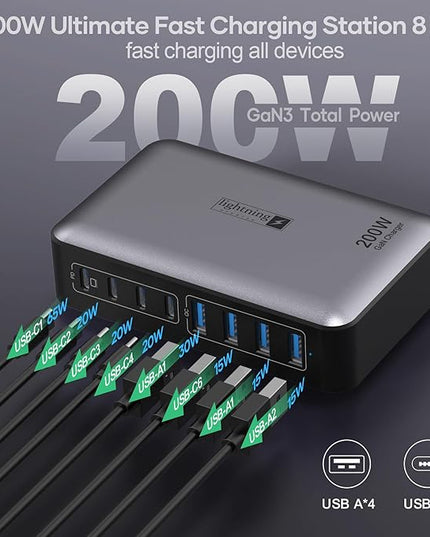USB C Fast Charger Block 200W, 8 Ports Charging Station for iPhone/Ipad/MacBook, 4C4A GaN Charger Box, Flat Plug Multi Chargers for All Devices 5ft Braided Power Cord with On/Off Switch