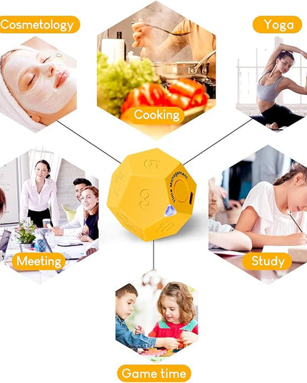Yellow Pomodoro Timer - 11 Preset Productivity Cube, Ring/Vibrate Mode, Rechargeable, Perfect for Cooking, Learning, Exercise and Beauty