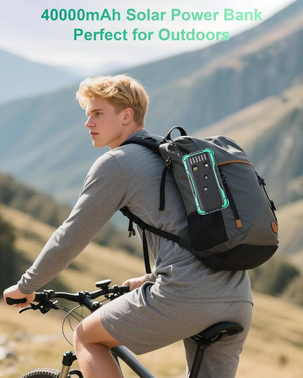 Solar Charger Power Bank, PD 20W Fast Charging External Batter, 40000mAh Portable Phone Charger Built in 4 Cables with Dual Bright Flashlights for Camping, Hiking, and Outdoor Use（Green）