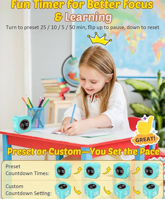 Digital Pomodoro Timer Cube 5/10/25/50min, Visual Productivity Flip Timer for Kids Classroom Desk, Custom Countdown, Silent and Sound Mode for ADHD Study Work Game Kitchen (Mint Green)