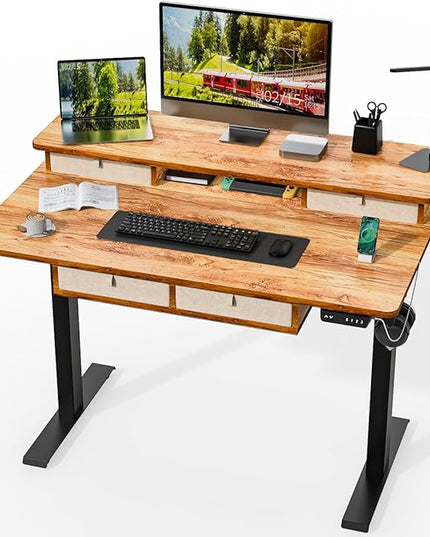 Kingant Standing Desk with Drawers & USB Charging Port, 48" x 30" Height Adjustable Home Office & Gaming Desk, Sit Stand Desk with Built-in Storage Shelf, Hook & Ergonomic Design(Light Rustic)