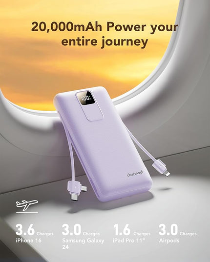 charmast 20000mAh Portable Charger with Built-in Cables & Wall Plug, 20W USB C Power Bank, Fast Charging Battery Pack Travel Essentials Compatible with iPhone 16/15/14 Series, Samsung, Google, iPad