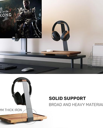 WILDMOS Headphone Stand for Desk,Acacia Wood Tray with Headphone Holder,Gaming Headset Stand,Desk Accessories for Desktop Storage