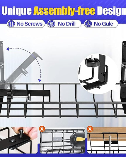 Under Desk Cable Management Tray, Xpatee Upgraded Wire Management No Drill No Screws, Cable Tray with Clamp for Wire Organizers, Computer Cord Rack for Office, Home - No Damage to Desk Black