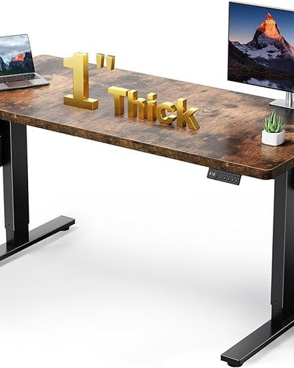 1 Inch Thick Tabletop Electric Standing Desk Adjustable - 60x28 Inch Sit Stand Desk, Double Beam Frame, 3 Memory Height Adjustment, Cable Management for Home Office