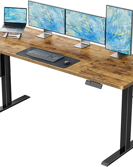 HUANUO 63 x 24 inch Electric Standing Desk, Height Adjustable Table with Headphone Hooks & Cable Manager, Sit to Stand up Desk for Home Office, Vintage Brown