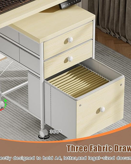 Flycity Electric L Shaped Standing Desk with File Cabinet, 59" x 59" Corner Computer Desk with Drawers, Dual Motor Stand Up Desk with Storage, Home Office Standing Desk Adjustable Height, Maple
