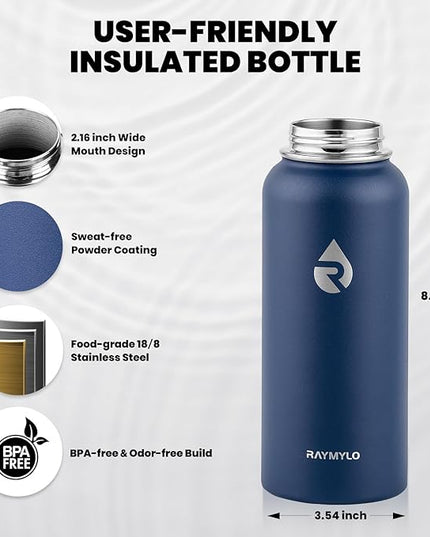 Insulated Water Bottle 32 oz, Triple Wall Vacuum Stainless Steel (Cold for 48 Hrs), Leak Proof & Non-BPA, Modern Water Flask Jug with Paracord Handle & Straw Spout Lids, Navy Blue