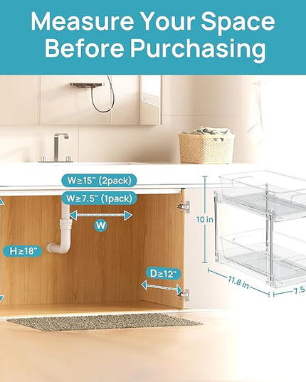 Vtopmart 6 Pack Bathroom Organizer, 2 Tier Clear Under Sink Organizers Vanity Countertop Storage Container,Cabinet Drawers Bins, Pull-Out Organization with Track for Pantry, Kitchen