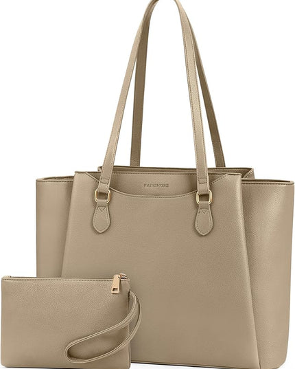 RAINSMORE Laptop Bag for Women 15.6 Inch Work Tote Bags Waterproof Computer Bags Leather Professional Laptop Purse Womens Laptop Briefcase Large Handbag for Office Teacher Travel, Beige