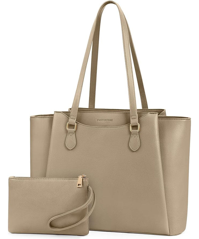 RAINSMORE Laptop Bag for Women 15.6 Inch Work Tote Bags Waterproof Computer Bags Leather Professional Laptop Purse Womens Laptop Briefcase Large Handbag for Office Teacher Travel, Beige