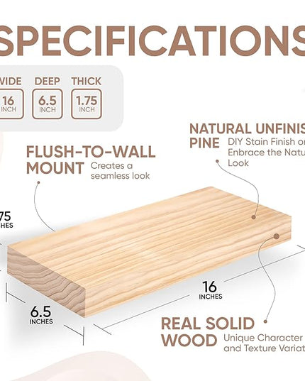 Homeforia Wood Floating Shelf 16 inch, High End Solid Natural Wood 16inch Floating Shelves for Wall Mounted, Unfinished Wooden Small Floating Shelves, Heavy Duty Bracket, 16 X 6.5 X 1.75 in, Set of 2