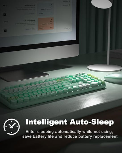 MOFII Wireless Keyboard and Mouse Combo, Full Size 2.4G Plug and Play Typewriter Retro Round Computer Keyboard and Mouse Set for Windows, Computer, Desktop, PC, Notebook - (Green Colorful)