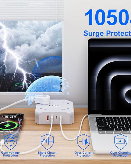 Surge Protector Power Strip, 8 Outlets with 4 USB Ports(2 USB C), 4-Sided 1050J Outlet Extender with 5FT Flat Extension Cord for Travel, Home, School, College Dorm Room Essentials