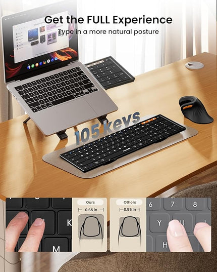 ProtoArc Foldable Bluetooth Keyboard, XK01 Full-Size Portable Wireless Keyboard for Travel, 105 Keys, 0.65" Keycaps, Multi-Device Sync for iPad Tablet Smartphone Laptop PC Windows iOS Android, Black