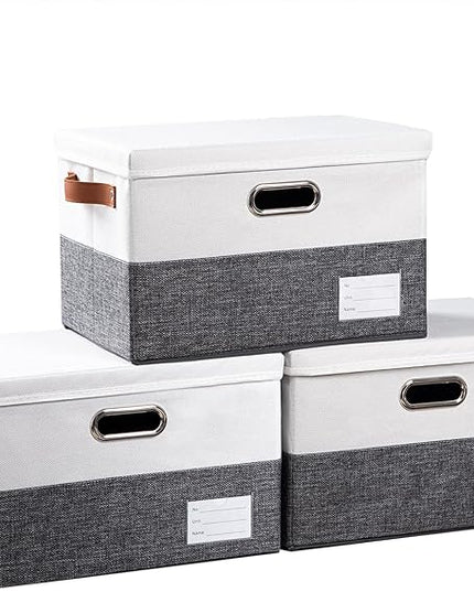 PRANDOM Foldable Storage Bins with Lids [3-Pack] Fabric Collapsible Storage Boxes Baskets Cubes Containers with Handles for Closet Living Room Bedroom (Grey & White 14.9x9.8x9.8'')